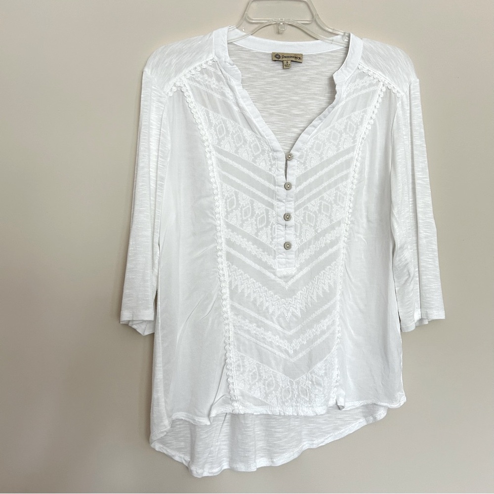 Democracy Women’s White Blouse with Lace Crochet Embroidered Detail